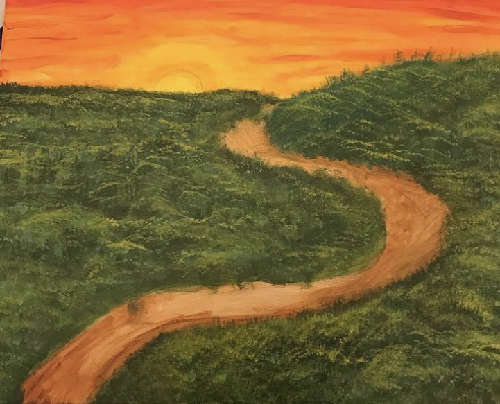 Painting of sunset and path in between hills.