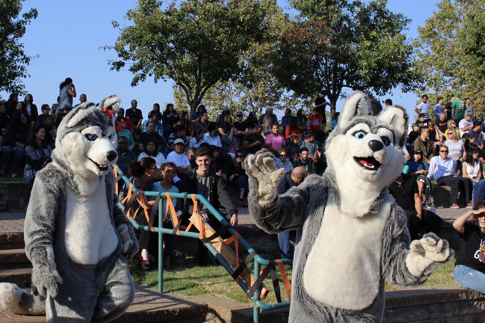 Two people in Husky costumes celebrating with students.