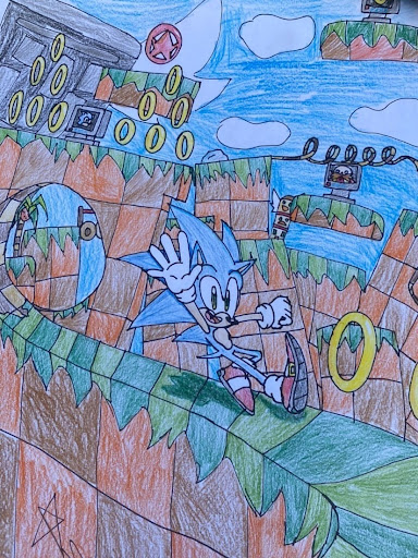 Color pencil drawing of Sonic the hedgehog in a maze.