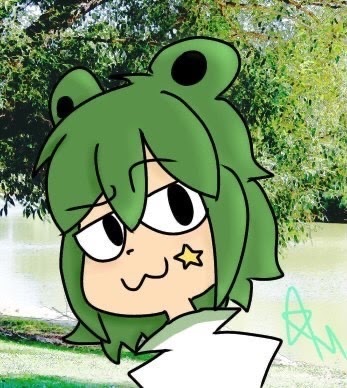 An animated figure with green hair and ears turning back amidst the natural backdrop of trees.