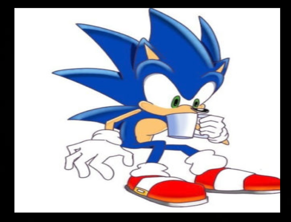 Sonic the hedgehog drinking a cup of coffee.