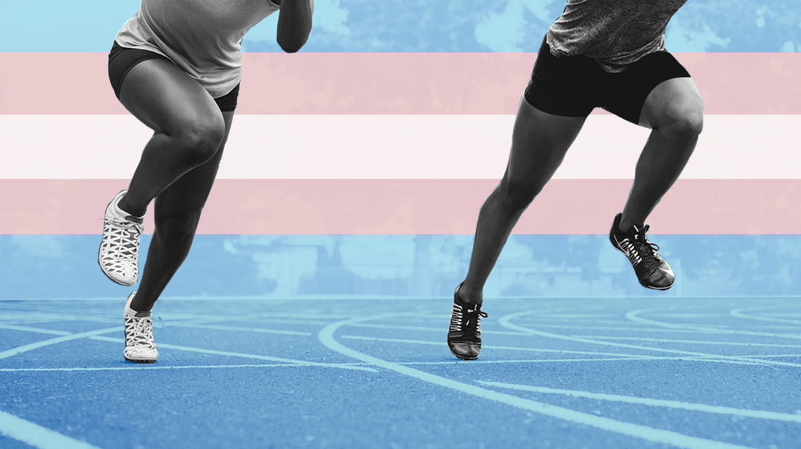 Athletes running against the backdrop of the transgender pride flag.