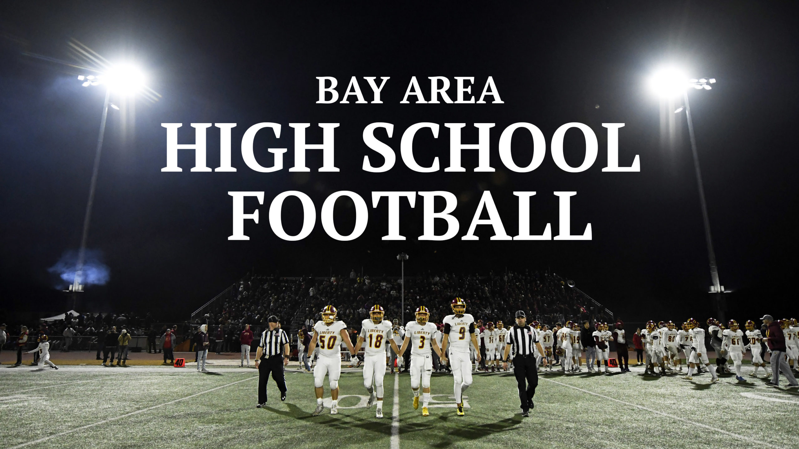 Football players on a field. Caption above them: Bay Area High School Football.