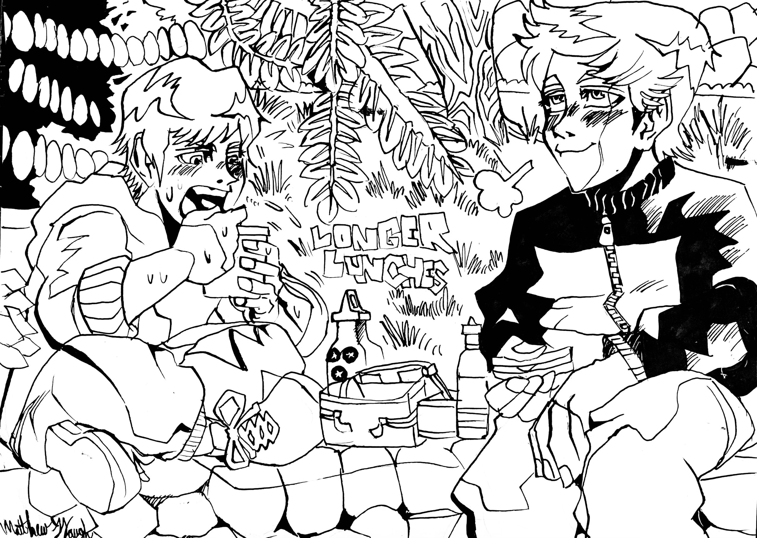 Animated drawing of two students eating lunch amidst a leafy backdrop, the text 'Longer Lunches' between them.