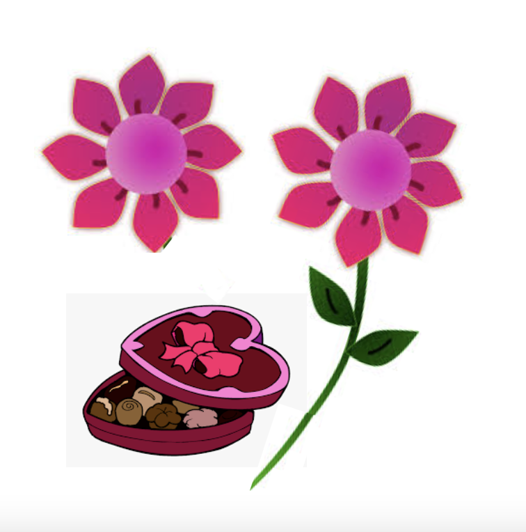 Two animated flowers and an opened heart shaped box of chocolates.