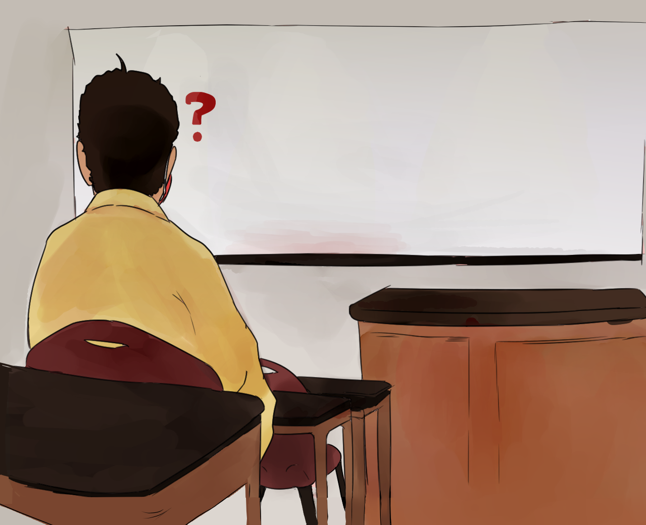 Student seated in classroom with a red question mark by their head, representing their confusion at the empty teacher desk.