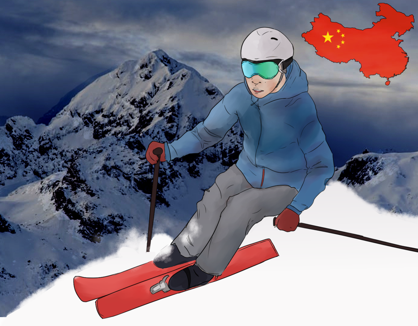 Animated Olympic skier on snow in backdrop of snowy mountains and a red map of China in the upper right corner.