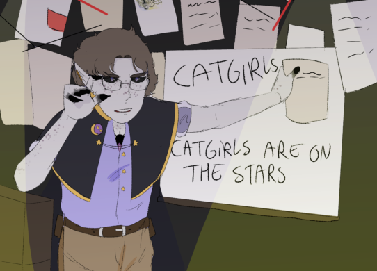 A professor, with gray hair, glasses, a purple button up shirt with yellow stars, a gray vest with the same stars, a brown belt, and tan pants has one hand on a wall, the other lifted up. The wall is covered in papers, one saying 'Catgirls Catgirls are on the stars.' His nails are painted black.