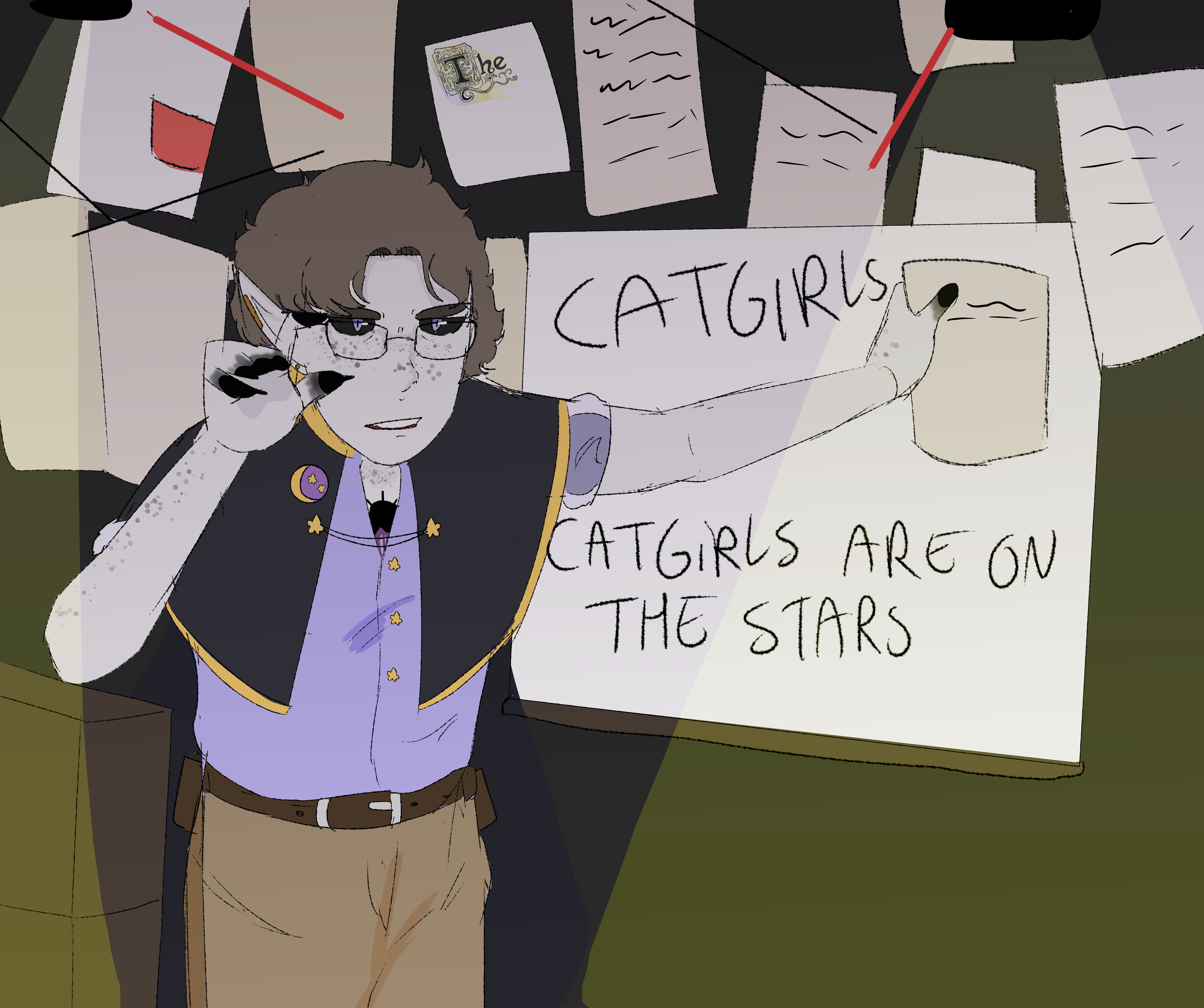 A professor, with gray hair, glasses, a purple button up shirt with yellow stars, a gray vest with the same stars, a brown belt, and tan pants has one hand on a wall, the other lifted up. The wall is covered in papers, one saying 'Catgirls Catgirls are on the stars.' His nails are painted black.