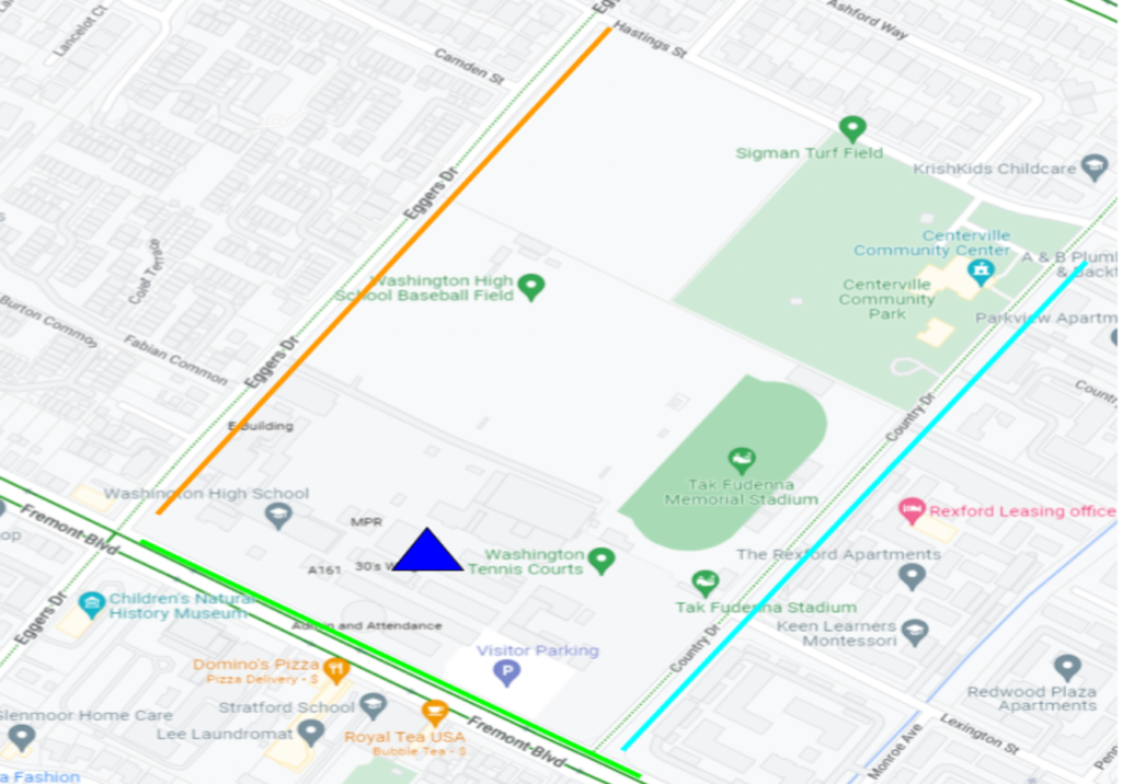 Map of the area near Washington High School. Country Dr (on the right, marked with a blue line) and Eggers Dr (on the left, marked with an orange line) connect perpendicularly to Fremont Blvd (marked with green, on the bottom half of the image). 