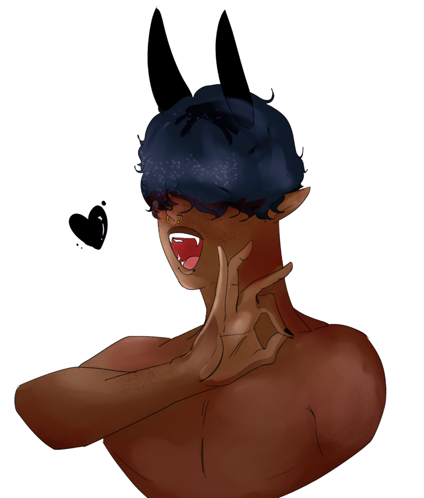 A man with a mop of blue hair covering his eyes, a golden septum piercing, and two long black horns opens his mouth, revealing fangs, holding up an ok sign with his left hand. There is a black heart on the left of the man's face.