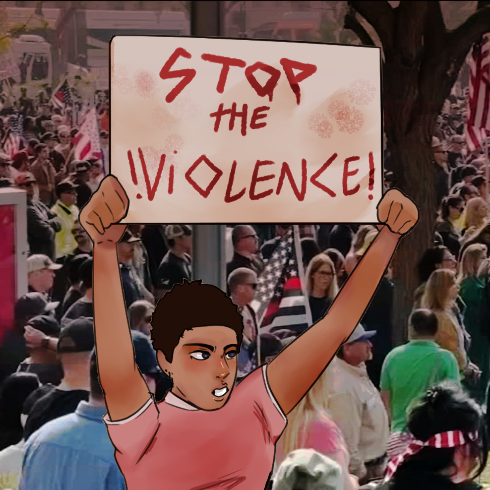 A woman holding up a sign 'STOP the !Violence!' amidst the backdrop of people holding American flags.