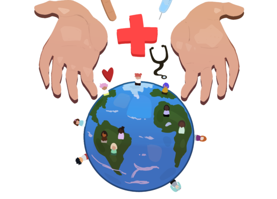 Animated drawing of two hands with the Red Cross sign and other medical symbols between them above the Earth.