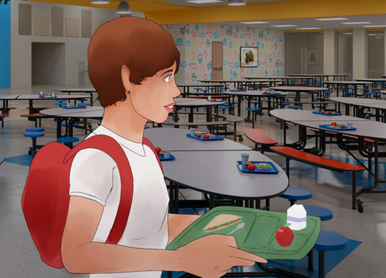 Animated digital artwork of student carrying a lunch tray in a cafeteria.