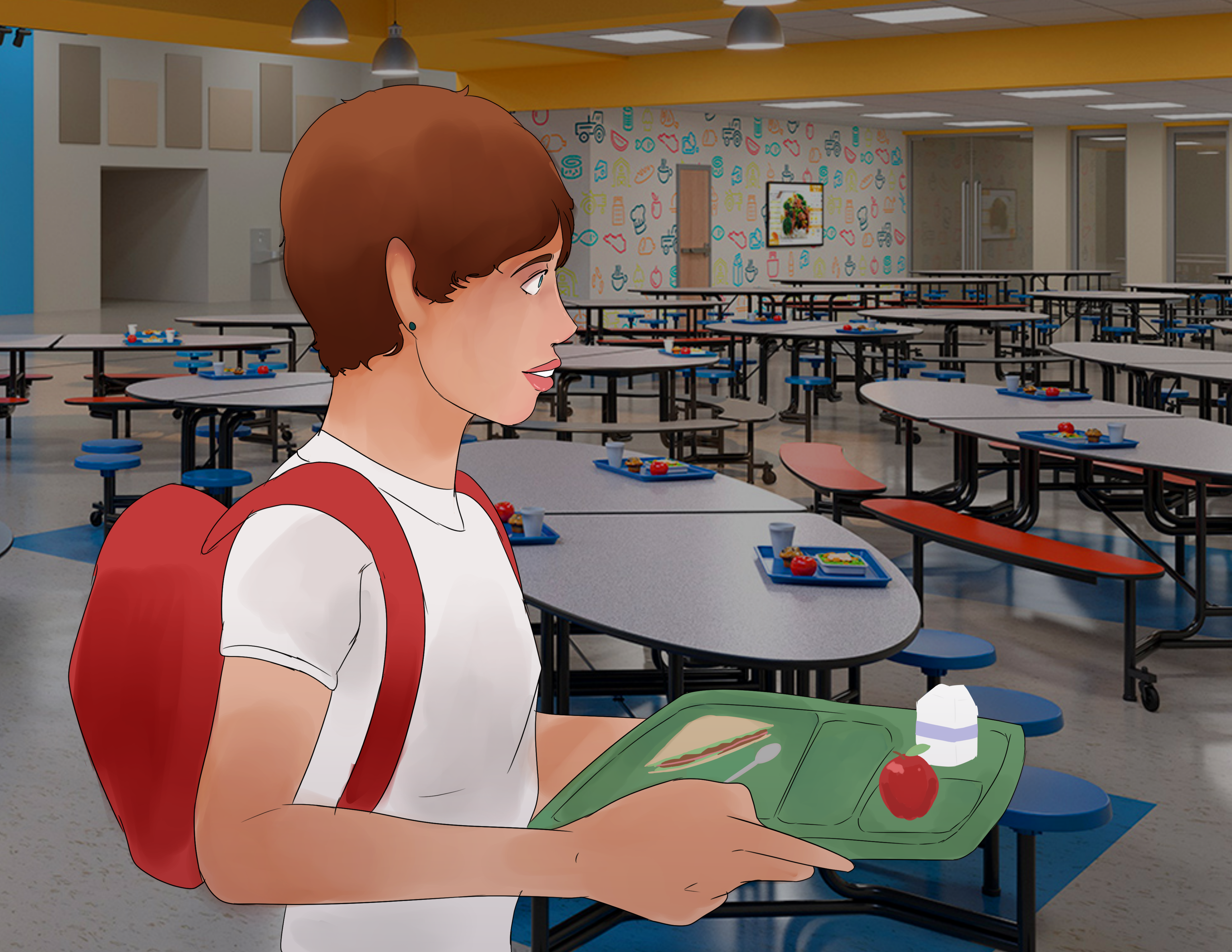 Animated digital artwork of student carrying a lunch tray in a cafeteria.