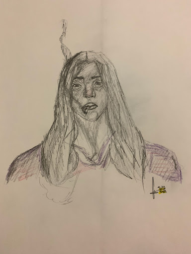 Pencil drawing of a girl smoking a cigarette.