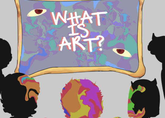 Digital art of people looking at a painting that says 'What is art?'